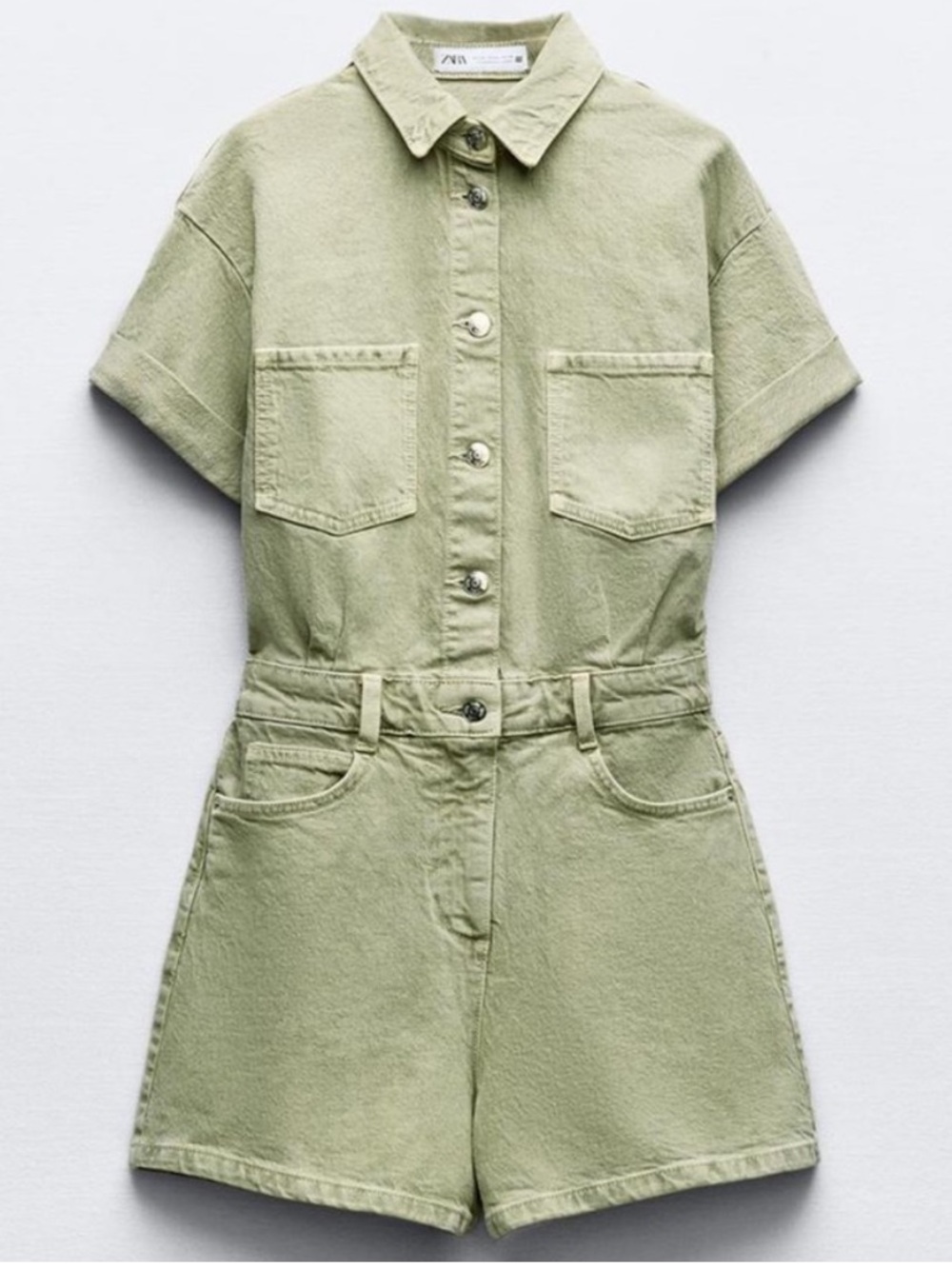 Zara Short-Sleeve Button Front Romper in Sage Green
